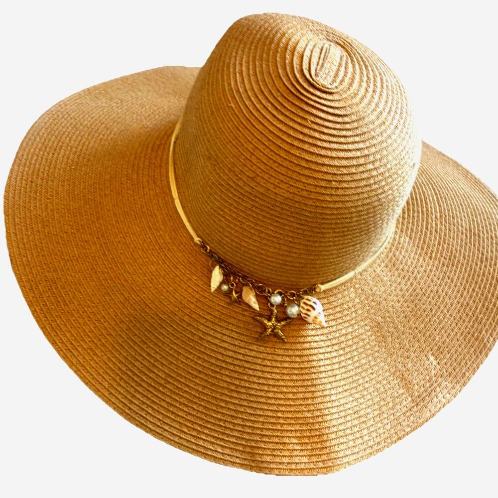 Coastal Grandma Sun 'N Sand Wide Brim Floppy Straw Hat Shell & Pearl Trim UPF 50